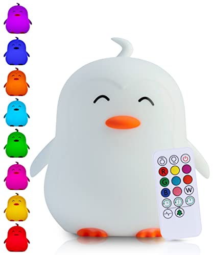 Kadoing® Pinguin Nachtlicht (Groß) - wiederaufladbare Nachtlampe mit Tippfunktion und Fernbedienung - Nachttischlampe für Kinder - Babylampe - Kinderlampe - Babyzimmer - Kinderzimmer - Kinderspielzeug von Kadoing