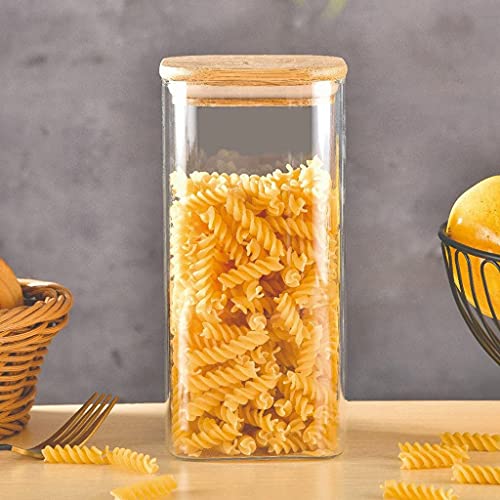 Kadum 1300 ml Quadratische Vorratsgläser mit Bambusdeckel 3er Set | Eckige Luftdichte Vorratsdosen Glas | Aufbewahrung Pasta, Nudeln, Mehl | Große Gewürzgläser für Kaffee, Tee von Kadum