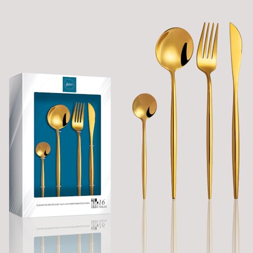 Kadum 16-teiliges Besteckset | Modernes Besteckset aus Edelstahl | 4x Suppenlöffel | 4x Tafelgabel | 4x Speisemesser | 4x Teelöffel (Glänzend & Gold) von Kadum