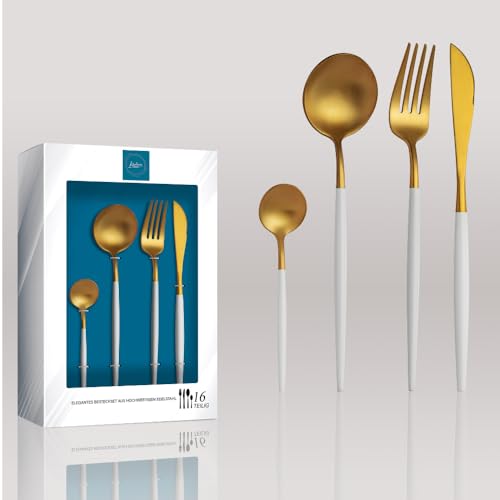 Kadum 16-teiliges Besteckset | Modernes Besteckset aus Edelstahl | 4x Suppenlöffel | 4x Tafelgabel | 4x Speisemesser | 4x Teelöffel (Gold mit weißem Griff) von Kadum