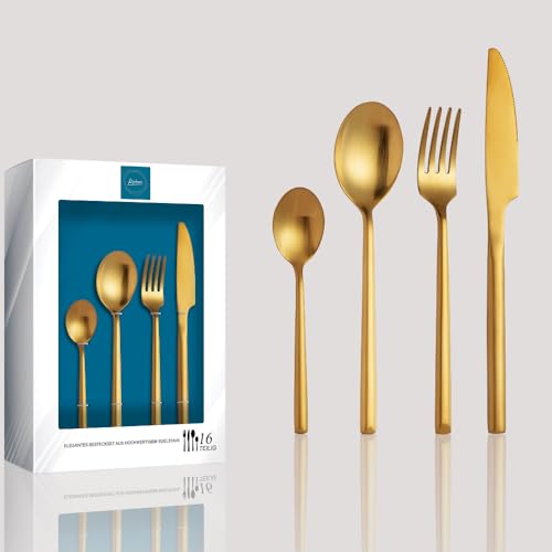 Kadum 16-teiliges Besteckset | Modernes Besteckset aus Edelstahl | Matt & Gold | 4x Suppenlöffel | 4x Tafelgabel | 4x Speisemesser | 4x Teelöffel (Matt & Gold) von Kadum