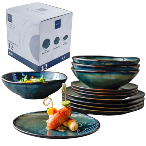 Kadum - Geschirrset für 4 Personen aus Keramik, 12-teiliges Teller-Set, Mediterran Blau-Grün-Gold, 4x Speiseteller Ø 25.5 cm, 4x Pastateller Ø 20 cm, 4x Frühstücksteller Ø 20.5 cm, Dessert Schalen von Kadum