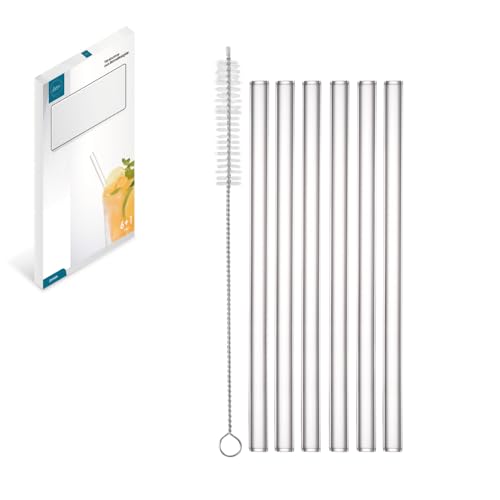 Kadum Glas Strohhalme 15 cm Kurz 6x Transparent Wiederverwendbar - Breite Trinkhalme Cocktail Glas - Strohhalme aus Glas - Gerade kurze breite Trinkhalme mit Reinigungsbürste von Kadum