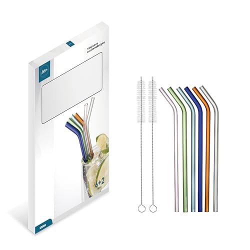 Kadum Glas Strohhalme 20 cm Bunt Wiederverwendbar - 6x Breite Bunt Trinkhalme Cocktail Glas - Strohhalme aus Glas - Gebogene breite bunte Trinkhalme mit 2x Reinigungsbürste von Kadum