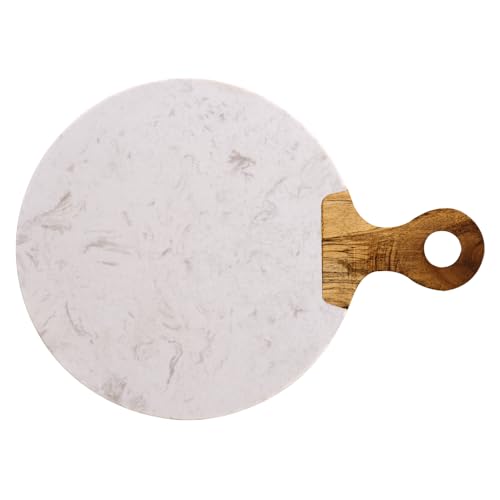 Kadum Servierbrett Carrara aus weißem Marmor und Akazienholz mit Holzgriff| rundes Marmorbrettchen Holzbrett Frühstücksbrett Küchenbrett Käseplatte Ø 25 cm | 1er Set von Kadum