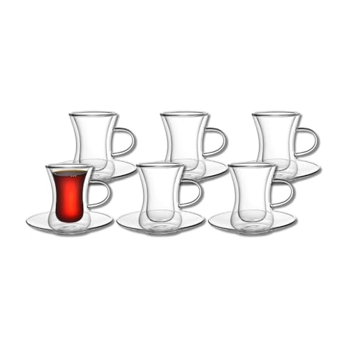 Kadum doppelwandige türkische Teegläser | Thermogläser 6er-Set mit Henkel und Untertasse | 80 ml Thermotassen im Geschenkkarton | hitzebeständiges Çay Glas | Spülmaschinengeeignet von Kadum