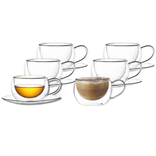 Kadum doppelwandiges Kaffeeglas | Thermogläser 6er-Set mit Henkel und Untertasse | 270 ml Kaffeegläser im Geschenkkarton | Spülmaschinengeeignet von Kadum
