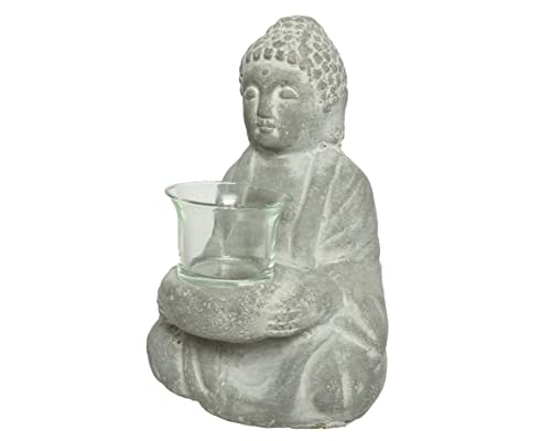 Buddha Figur Beton 20cm mit Glas Teelichthalter Steinfigur Kerzenhalter Teelicht Deko Statue grau von Kaemingk