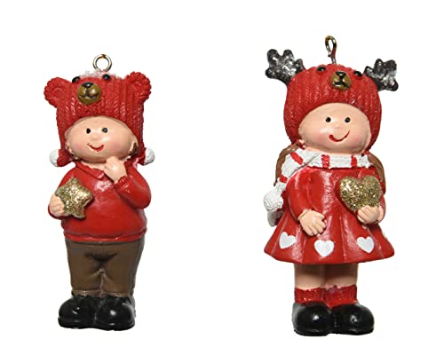 Christbaumschmuck Keramik 8cm x 2er Set Mädchen und Junge mit Mützen Weihnachtsbaumschmuck rot von Kaemingk