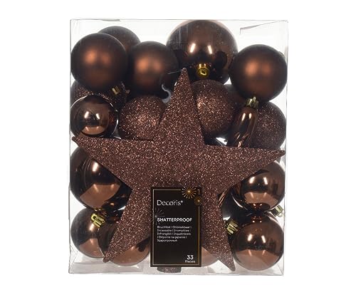 Decoris Weihnachtskugeln mit Christbaumspitze Stern, 33er Set, bruchsicher, espressobraun Hängedekoration von Kaemingk