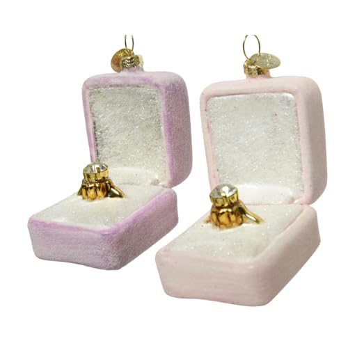 Diamantring in Box, Baum-Ornament, mundgeblasene Echtglaskugel-Paar, Diamantring in Ringbox, hübsches rosa Glasbaumkugel-Paar - 2 Stück, beflockte und glitzernde Oberfläche, 5 x 6 x 7 cm - von Kaemingk