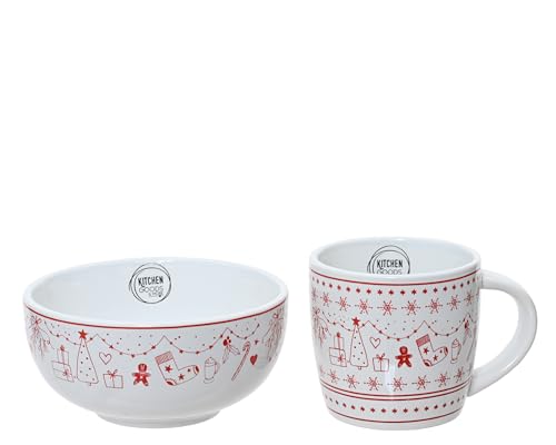 Frühstücksgeschirr Keramik - 2er Set Schüssel & Tasse mit Weihnachtsmotiv - Geschirr für Weihnachten - Weihnachtsgeschirr Schale & Becher - Frühstücksset Weiß Rot von Kaemingk