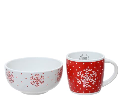 Frühstücksgeschirr Keramik - 2er Set Schüssel & Tasse mit Weihnachtsmotiv - Geschirr für Weihnachten - Weihnachtsgeschirr Schale & Becher - Frühstücksset Weiß Rot von Kaemingk