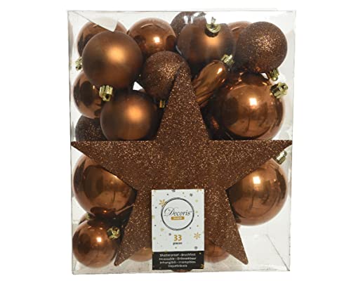 Kaemingk 72294 Plastic Baubles 5-8 cm with Christmas Tree Topper Star Set of 33 Shatterproof Brown Copper, Ceramic, Multicolor von Kaemingk