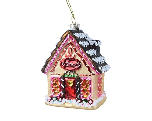 Kaemingk Christbaumschmuck Glas 10cm Lebkuchenhaus mit Glitzer Weihnachtskugeln Candy Haus - Rosa von Kaemingk