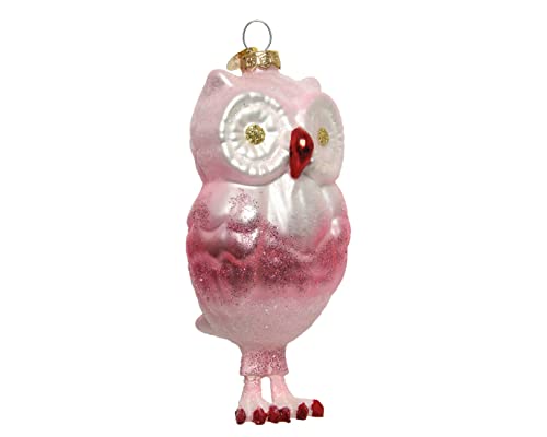 Kaemingk Christbaumschmuck Glas 12cm Eule mit Glitzer Weihnachtskugeln Tiere Waldtiere rosa pink von Kaemingk