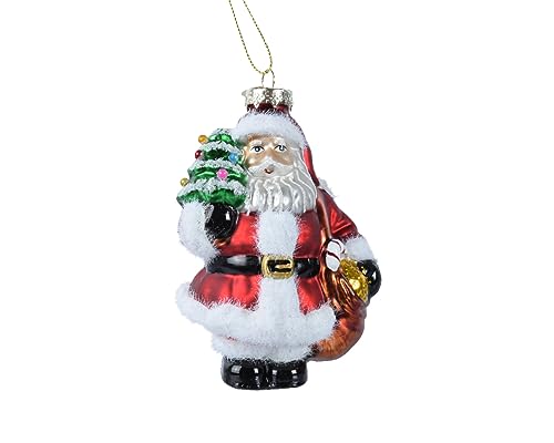 Kaemingk Christbaumschmuck Glas 14cm Weihnachtsmann mit Baum & Geldsack mundgeblasen - Rot - Weiß von Kaemingk