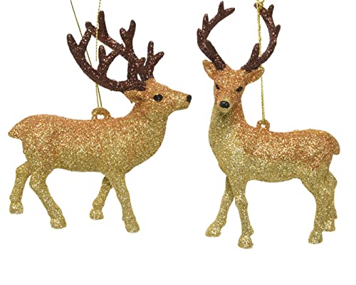 Kaemingk Christbaumschmuck Kunststoff 11cm x 1 Stück Sortiert Hirsch mit Glitzer bruchsicher Gold von Kaemingk