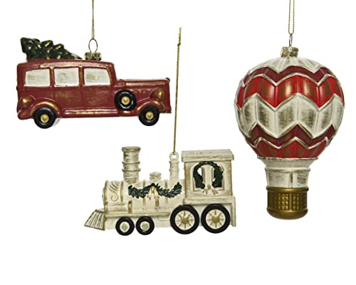 Kaemingk Christbaumschmuck Kunststoff 7cm x 3 Stück Auto Lokomotive Ballon Weihnachtskugeln rot beige von Kaemingk