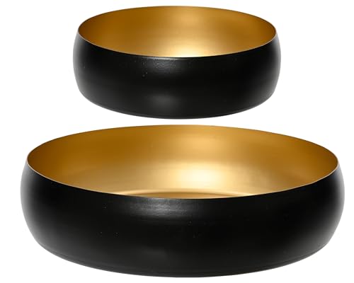 Kaemingk Deko Schale 13-22cm Metall - 2er Set Dekotablett mit Rand - Tischdeko Tablett - Kerzenschale Serviertablett Dekoteller - Metallschale Schwarz Gold von Kaemingk