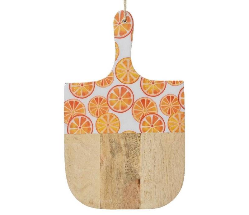 Kaemingk Tablett Dekobrett ORANJE, 38,5 x 24 cm, Braun, mit Griff, Mangoholz, mit Orangen in weiß und orange verziert von Kaemingk