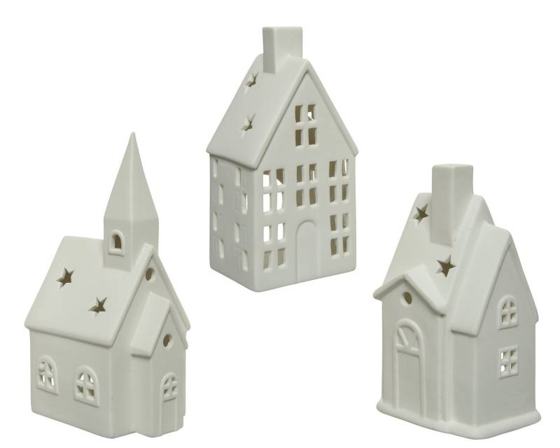 Kaemingk Teelichthalter, Teelichthalter Porzellan 16cm in Haus Form 1 Stück sortiert Weiß von Kaemingk