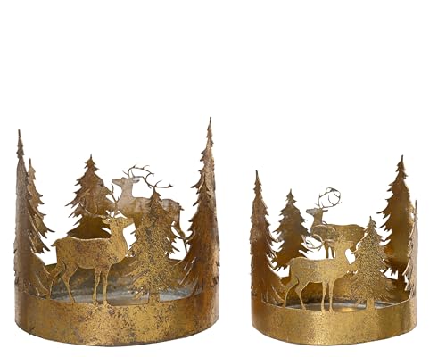 Kaemingk Teelichthalter Metall 8-10cm - 2er Set Teelicht Kerzenhalter mit Hirsch & Bäumen - Outdoor Tischdeko Windlicht Gold Kaemingk Teelichthalter Metall 8-10cm - 2er Set Teelicht Kerzenhalter mit Hirsch & Bäumen - Outdoor Tischdeko Windlicht Gold von Kaemingk