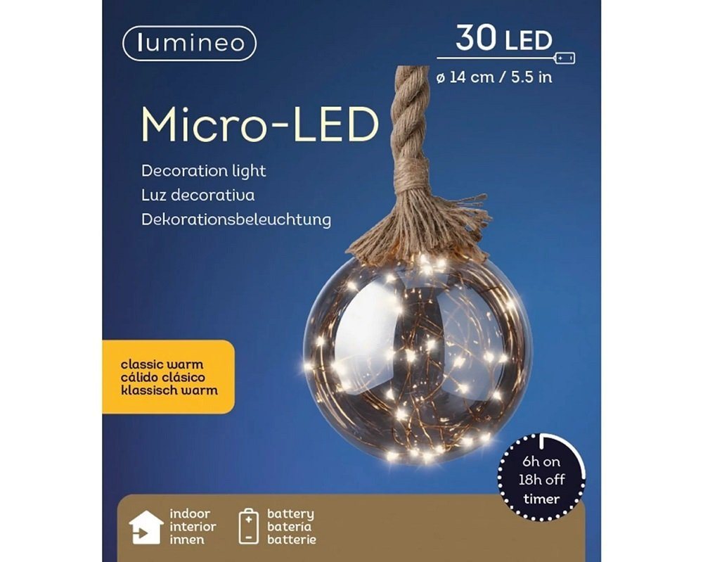 Kaemingk Weihnachtsbaumkugel Mico-LED Kugel aus Glas mit Seil Dekohänger 30LED von Kaemingk