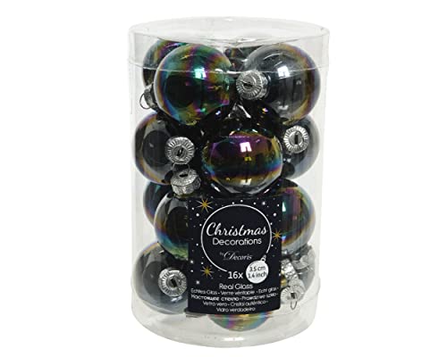 Kaemingk Weihnachtskugeln Glas 35mm x 16 Stück kleine Christbaumkugeln schwarz irisierend von Kaemingk