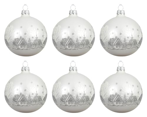 Kaemingk Weihnachtskugeln Glas 8cm Handbemalt Mundgeblasen Silber Deko 6 Stück Christbaumschmuck Weihnachtsbaumkugeln Christbaumkugeln Winterdorf Motiv Weiß matt von Kaemingk