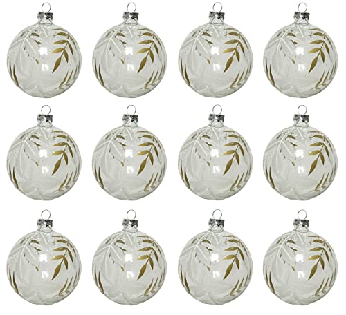 Kaemingk Weihnachtskugeln Glas 8cm x 12 Stück mit Blätter Muster Christbaumkugeln weiß Gold Klar transparent von Kaemingk