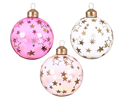 Kaemingk Weihnachtskugeln Glas 8cm x 3 Stück mit Sternen Glitzer Christbaumkugeln transparent rosa pink von Kaemingk