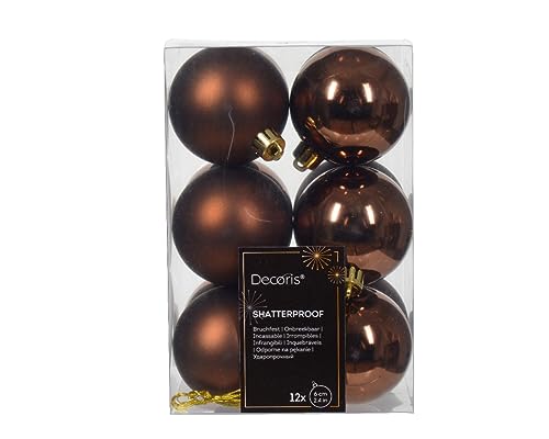 Weihnachtskugeln Kunststoff 6cm x 12 Stück Christbaumkugeln Set bruchsicher Espressobraun lederbraun - Schokobraun - kastanienbraun - kupferbraun - Zimt von Kaemingk