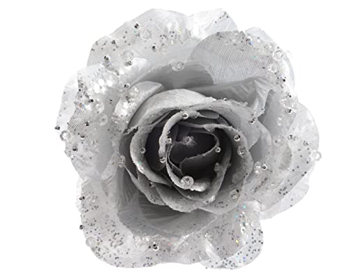 Kunstblumen Rose auf Clip 14cm x 1 Stück künstliche Blumen Hochzeit Christbaumschmuck silber von Kaemingk
