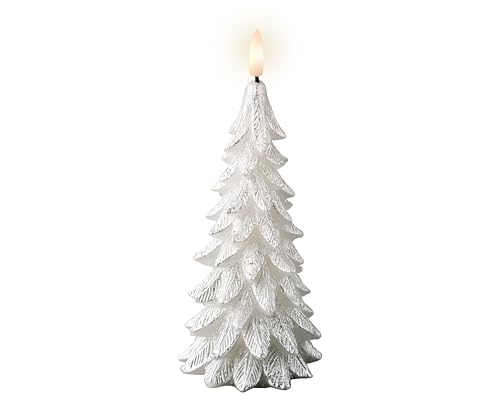 Lumineo LED Kerze mit Timer 8x19cm Wachs in Tannenbaum Form - flackernde Flamme Effekt - Echtwachskerze batteriebetrieben - Weihnachtskerze Silber Warmweiß von Kaemingk