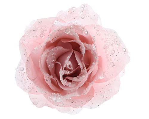 Ornament pink mit Clip Puder mit Pailletten 14 cm Kunstblumen Rose auf Clip 14cm x 1 Stück künstliche Blumen Hochzeit Christbaumschmuck rosa von Kaemingk