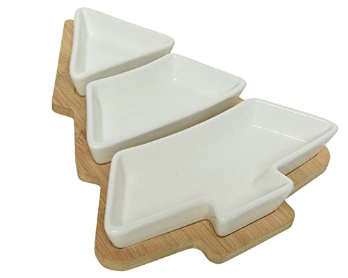 Tapas Schalen Set aus Keramik mit Holztablett 27x20cm Servierplatte Dip Antipasti Platte natur weiß von Kaemingk