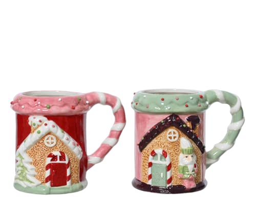 Tasse Lebkuchenhaus 11cm x 1 Stück Sortiert - handgemachte Keramik Teetasse mit Henkel - Keramiktasse als Weihnachtstasse Teebecher Kaffeetasse - Tassen & Becher als Geschenk - Rosa Grün von Kaemingk