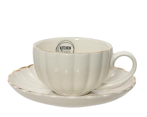 Tasse mit Untertasse Porzellan 6cm - gerillte Teetasse mit Henkel - Porzellantasse als Teebecher Kaffeetasse Kaffeebecher Keramiktasse - Keramik Tassen Becher & Geschirr als Geschenk - Creme von Kaemingk