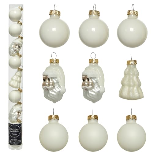 Weihnachtskugeln Glas 3cm x 9 Stück Figuren Mix Christbaumschmuck Set Elfenbein Ivory Wollweiß von Kaemingk