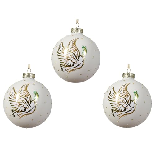 Weihnachtskugeln Glas 8cm 3er Set mit Motiv Taube und Zweig - Wollweiß : Ivory - Elfenbein - cremeweiß von Kaemingk