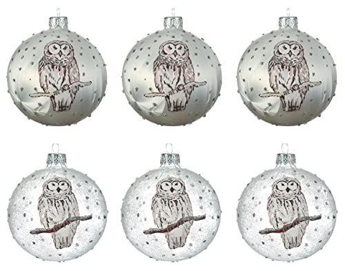 Weihnachtskugeln Glas 8cm x 6 Stück mit Motiv Eule Uhu Vogel Christbaumkugeln Weiß Eislack Klar von Kaemingk