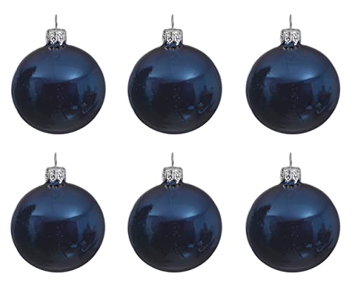 Weihnachtskugeln Glas mundgeblasen 6cm x 6er Box Christbaumkugeln dunkelblau navy blau glänzend von Kaemingk