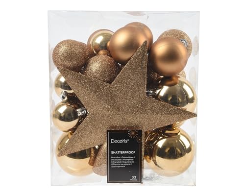 Weihnachtskugeln Kunststoff mit Christbaumstern 33er Set - bruchsichere Christbaumkugeln Weihnachtsbaumkugeln und Christbaumspitze - Christbaumschmuck & Weihnachtsbaumschmuck - Pekanuss Braun von Kaemingk