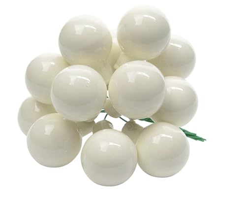 Weihnachtskugeln am Draht Glas 2cm x 12 Stück Spiegelbeeren Mini wollweiß elfenbein ivory glänzend / Grappolo 12 Weihnachtskugeln Durchmesser 2 cm weiß emaillierte Wolle von Kaemingk