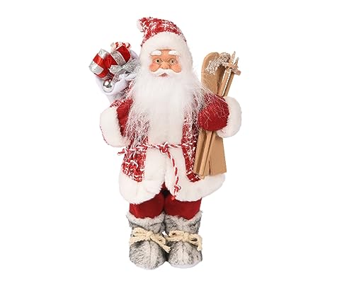 Weihnachtsmann Figur 30cm mit Geschenk und Ski Weihnachtsmann-Anzug Puppe - Klassisch Rot von Kaemingk