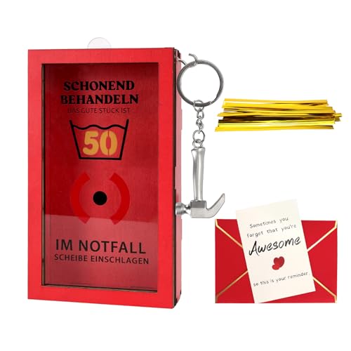50 Geburtstag Frau Männer, Geschenke zum 50 Geburtstag Frau, Geschenk 50.TER Frauen 50 Jahre Lustige Geschenke für Frauen Männer Notfallbox mit Hammeranhänger, Seil, Karte (50) von Kaempe