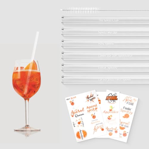 Aperol Geschenk Glasstrohhalme,6 Stück 20cm Aperol Spritz Strohhalme mit Bürste Aperol, Wiederverwendbare Glas strohhalm Geschenkset für gläser Cocktails, Smoothies und Säfte von Kaempe