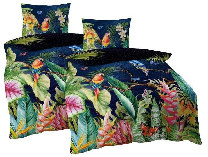 JACK Bettwäsche by Kaeppel 4tlg Mako Satin Digitaldruck Bettwäsche Dschungel Bunt, Mako-Satin, 4 teilig, Partnerbettwäsche, Papagei, bunt von Kaeppel