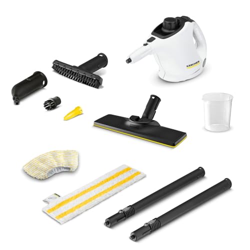 Kärcher Dampfreiniger SC 1, Dampfdruck: 3 bar, Aufheizzeit: 3 min., Leistung: 1.200 W, Flächenleistung: 20 m², Tank: 200 ml, mit Hand-, Punktstrahl- und Powerdüse, Mikrofaser-Überzug, mit Dampfglätter von Kärcher